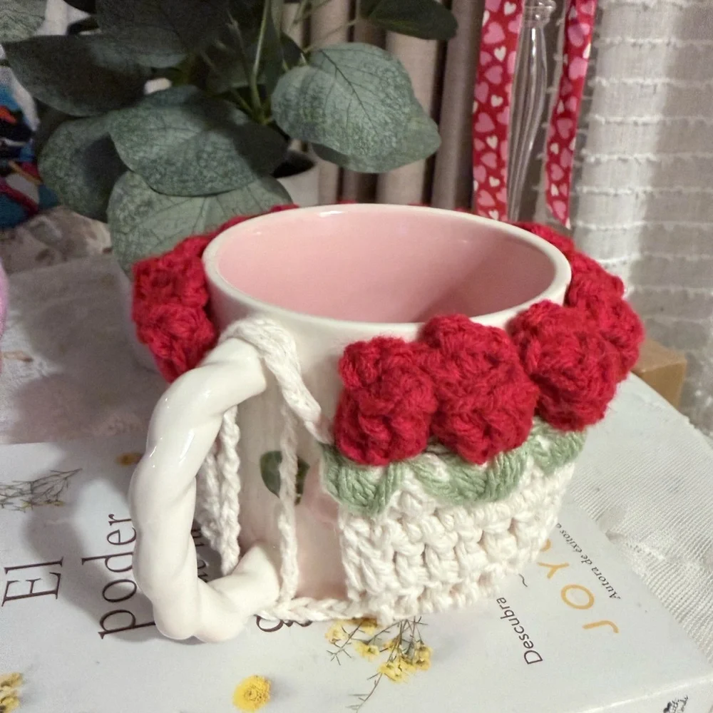 Handmade Crochet Floral Mug Cozy Red& Green Cottagecore Coffee Cup Sleeve